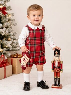 Edgehill Collection Candy Cane Shortall Set Kids Red Plaid Size 3T NWT